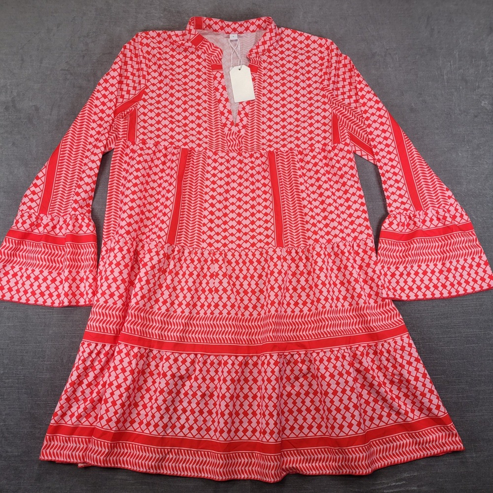 Made With Heart Red Pink Geometric Tiered Mini Dress Bell Sleeve Boho Women Lg